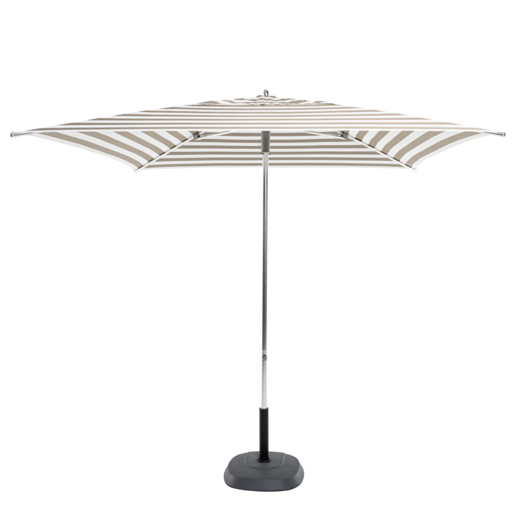 Villa Umbrella 220cm Square. Compact outdoor umbrella with Sunproof® canopy and mirror finish anodised frame by Umbrella Fellas.